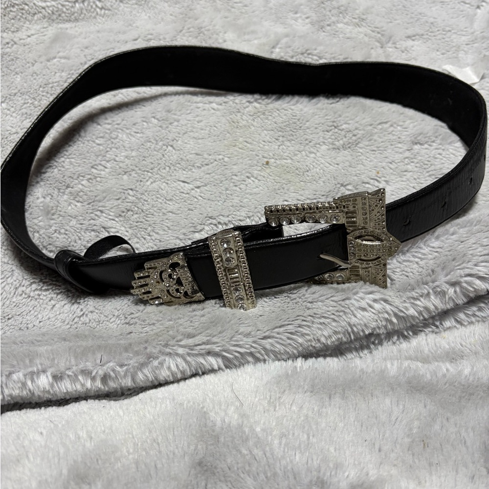 Black leather Belt with Intricate Silver Buckle